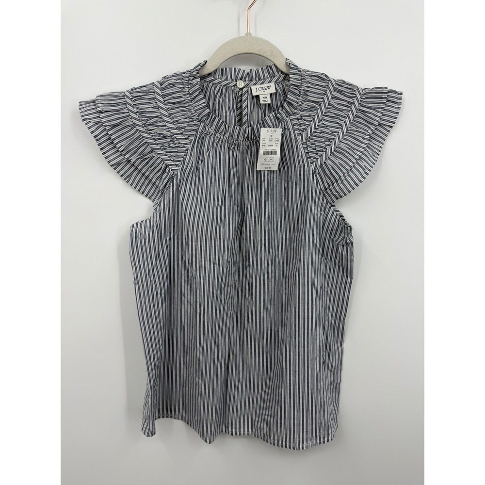 J.Crew CA403 Flutter Sleeve Top Womens XS Navy White Striped Ruffle Neck NEW